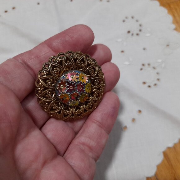 Vintage Fancy Scarf Clip Iridescent Floral Filigree West Germany - Picture 11 of 12